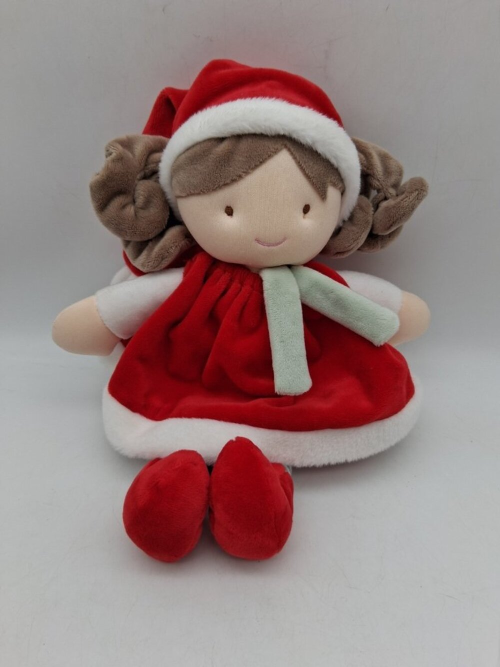 JoLiJou Paris Elf Pretty Red Doll 12” Curly Brunette Plush Red Santa Outfit